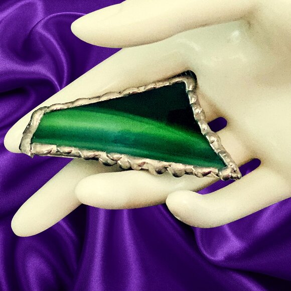 VTG Handcrafted Green Art Brooch 1970s Modernist Silver-Tone Artisan Pin - Picture 10 of 10